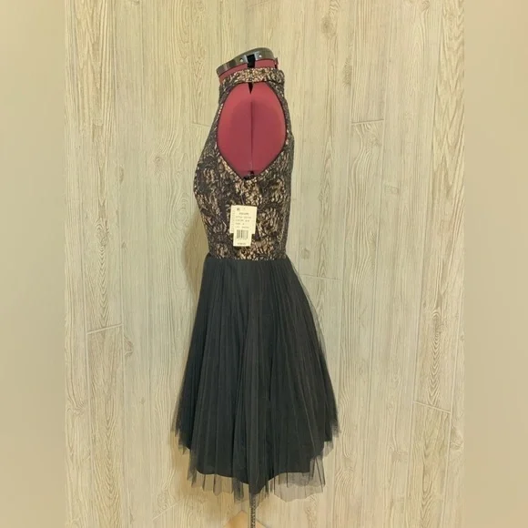 NWT Xscape Black and Nude Lace Pleated Skirt Halter Evening Cocktail Dress Sz 10 - Picture 4 of 16